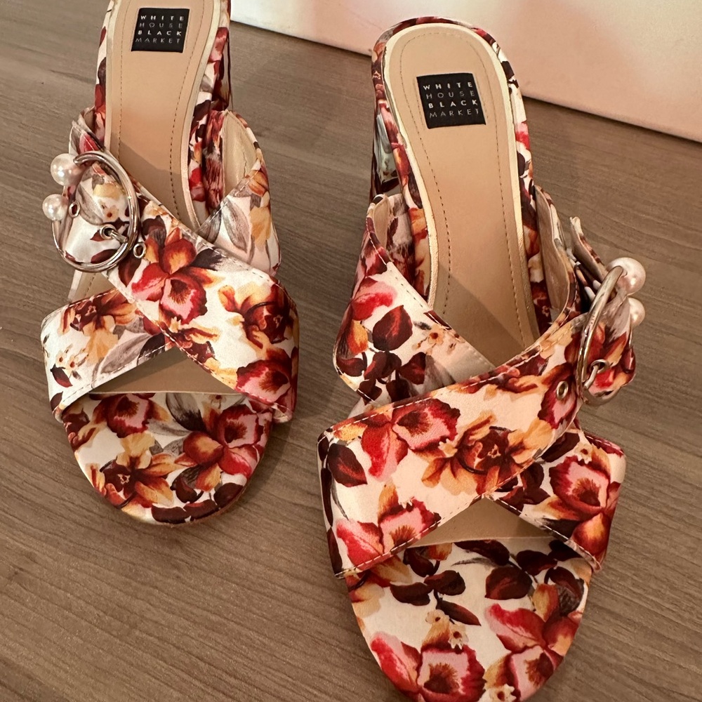 White House Black Market floral heels open toe with pearl buckle